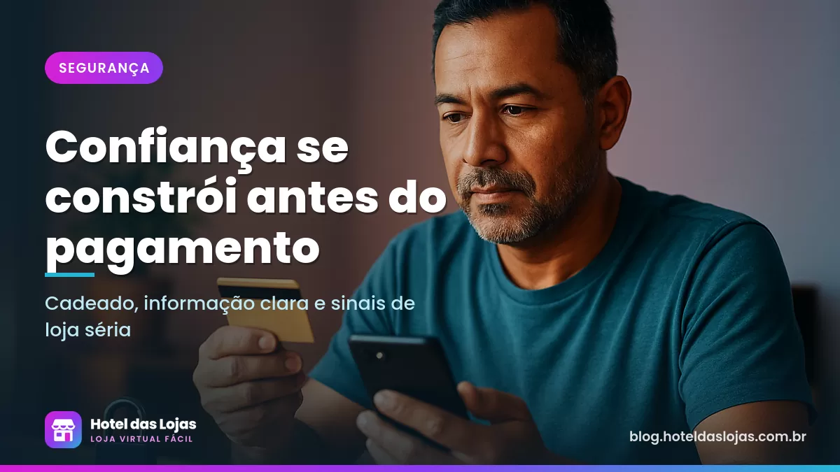 Homem segura cartão de crédito e celular com atenção antes de concluir uma compra online