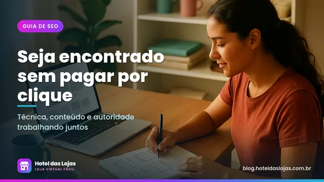 Lojista planeja a estratégia da loja virtual com caderno de anotações, notebook e produtos na prateleira
