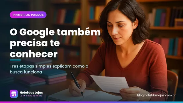 Dona de papelaria lê um guia impresso e faz anotações no balcão cercada de cadernos e canetas coloridas