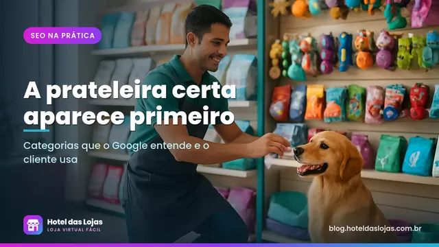 Funcionário organiza rações e brinquedos por categoria nas prateleiras de um pet shop, com cachorro ao lado