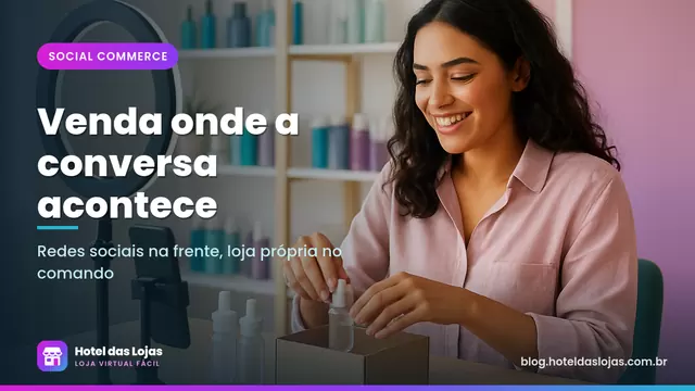 Empreendedora de cosméticos embalando frascos de skincare em caixas, com celular no suporte e prateleiras ao fundo