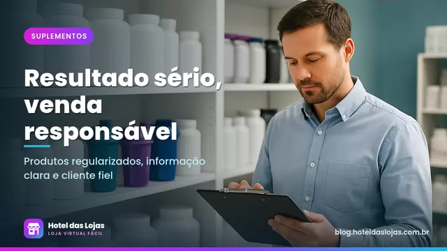 Lojista conferindo validade de potes de suplementos e frascos de cápsulas em prateleira organizada