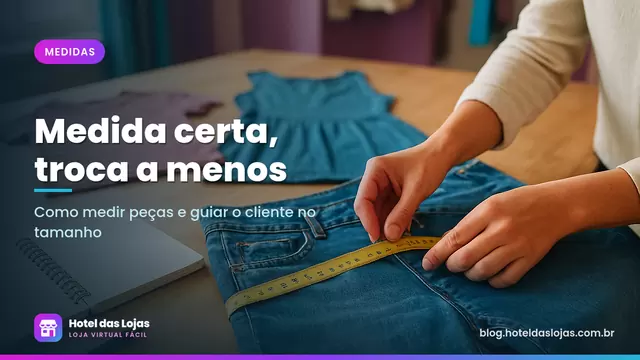 Mãos medem calça jeans estendida sobre mesa com fita métrica ao lado de caderno com anotações