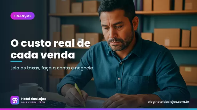 Lojista compara propostas de taxas com calculadora e planilhas impressas na mesa do escritório