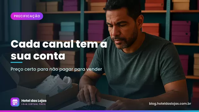 Dono de loja de tênis faz contas com calculadora e caderno ao lado de uma caixa de tênis aberta