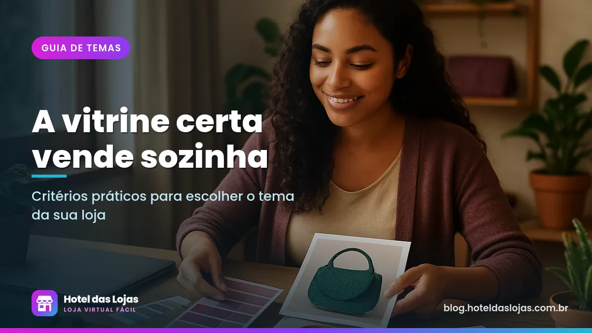 Empreendedora compara amostras de cores e fotos de produtos para escolher o visual da loja virtual