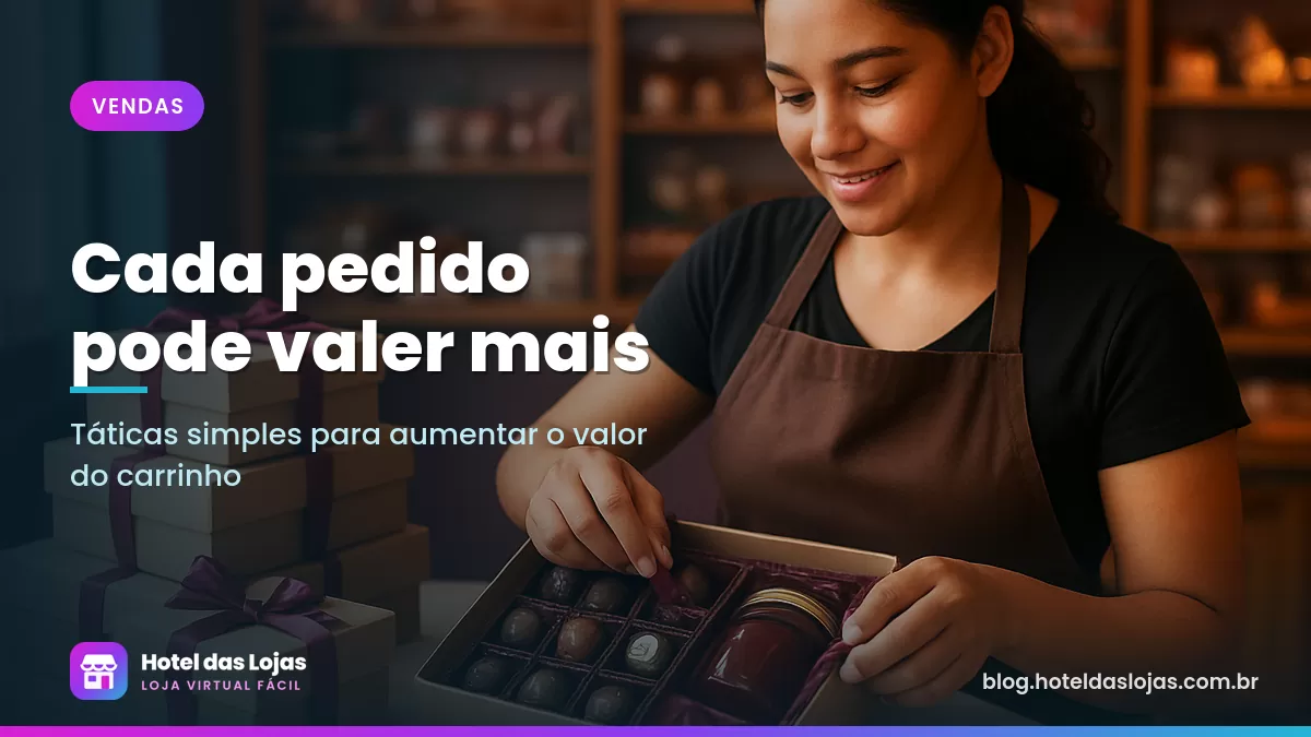 Confeiteira monta caixa de presente com chocolates variados e geleia no balcão da doceria