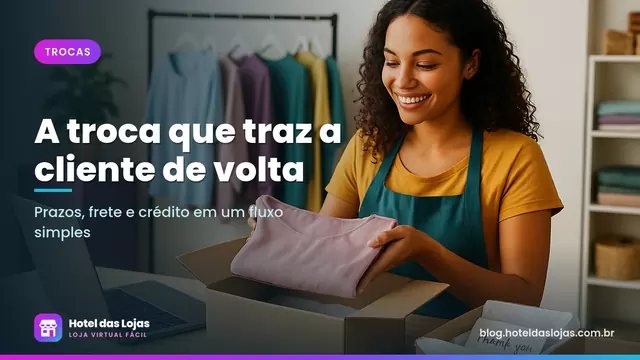 Atendente confere blusa devolvida em caixa de papelão ao lado de novo pacote pronto com cartão de agradecimento
