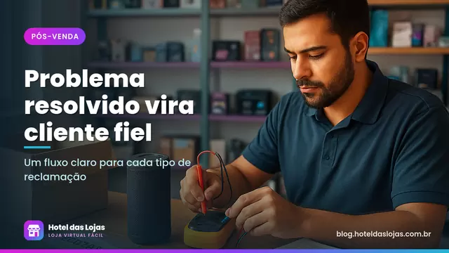 Técnico testando uma caixa de som devolvida na bancada de uma loja de eletrônicos com caixa aberta e checklist