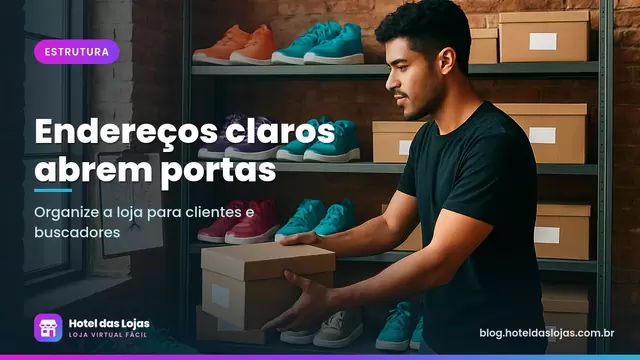 Dono de loja de tênis organiza caixas em prateleiras etiquetadas por categoria no estoque
