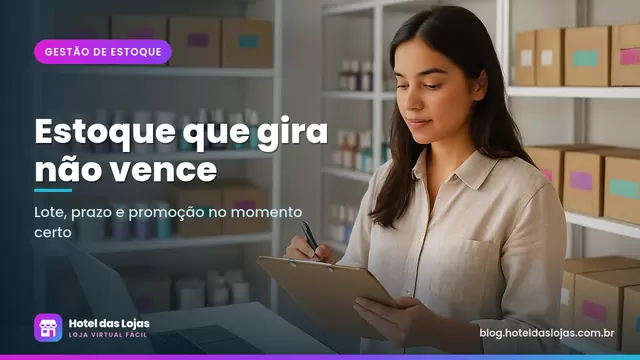 Estoque de cosméticos com prateleiras organizadas por etiquetas coloridas e lojista conferindo prazos em prancheta