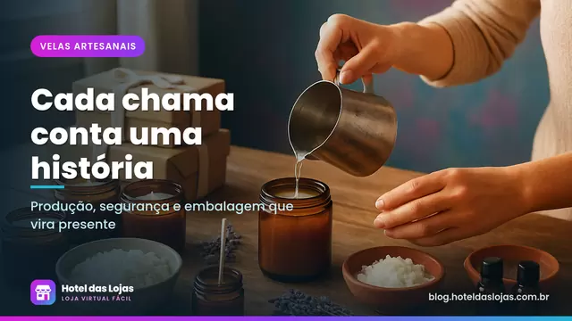 Mãos despejando cera derretida em potes de vidro âmbar sobre bancada com velas prontas e caixas de presente