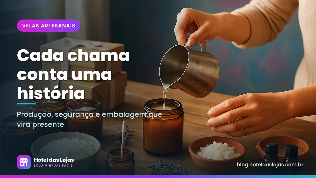 Mãos despejando cera derretida em potes de vidro âmbar sobre bancada com velas prontas e caixas de presente