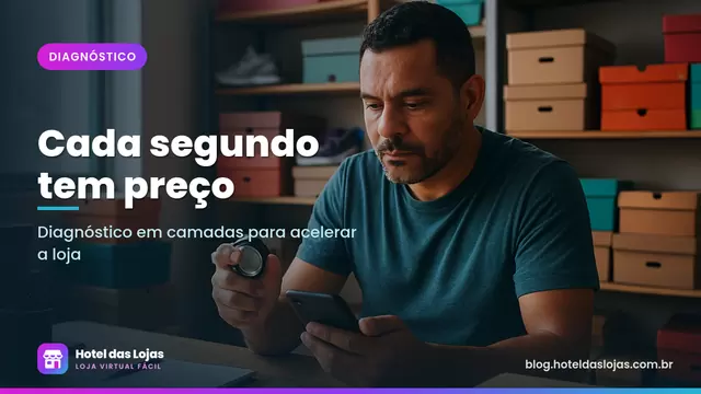 Dono de loja de tênis cronometra o carregamento da loja no celular, com caixas de calçados ao fundo