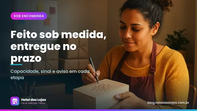 Artesã finalizando uma caixa de madeira personalizada em seu ateliê, com pedidos embalados na prateleira