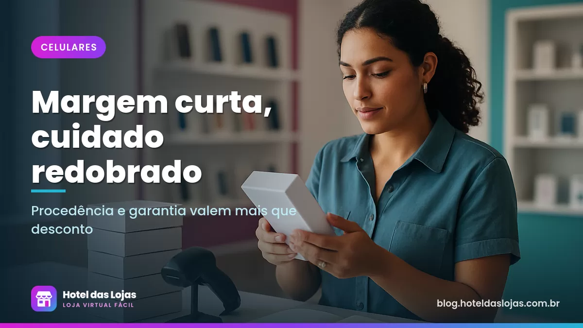 Lojista confere a caixa lacrada de um smartphone no balcão, com outras caixas empilhadas ao lado