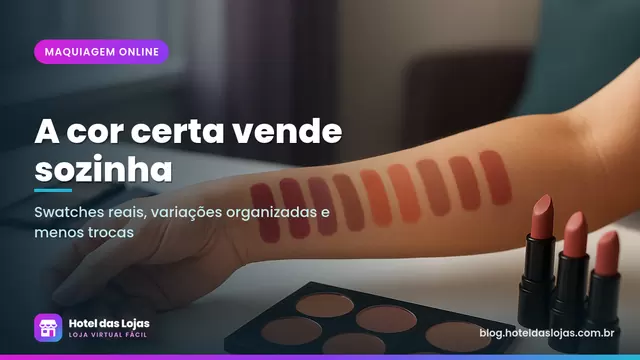 Swatches de base e batom em diferentes tons de pele ao lado de paletas e batons sobre mesa branca