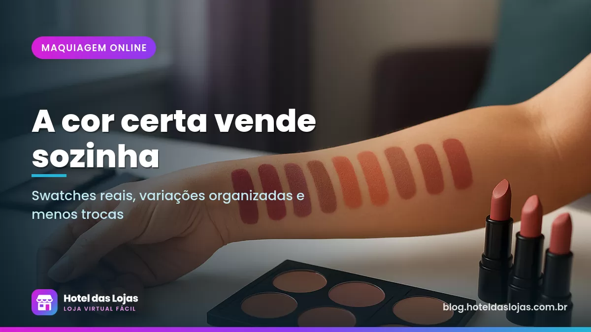 Swatches de base e batom em diferentes tons de pele ao lado de paletas e batons sobre mesa branca