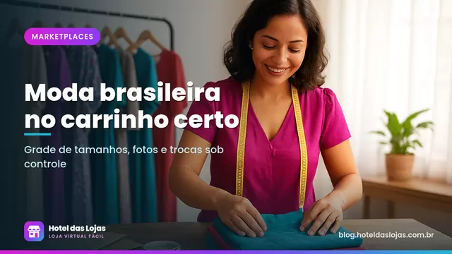 Dona de confecção dobra vestidos e blusas coloridas em uma mesa de madeira, com arara de roupas ao fundo