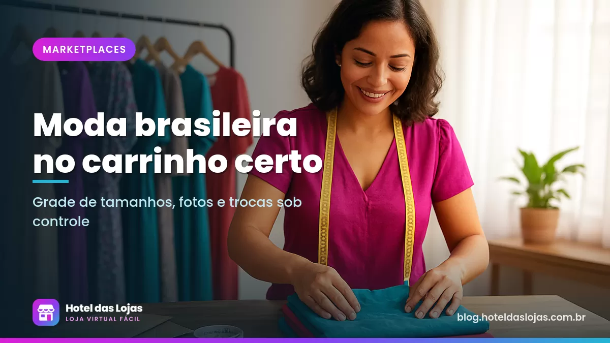Dona de confecção dobra vestidos e blusas coloridas em uma mesa de madeira, com arara de roupas ao fundo