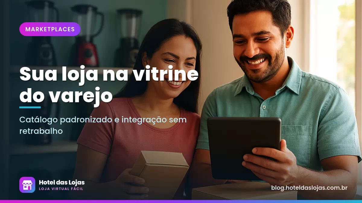 Casal de lojistas confere caixas de eletroportáteis com um tablet no estoque de uma pequena loja
