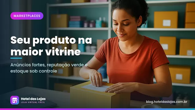 Lojista embala pedidos em um estoque organizado, com caixas, etiquetas impressas e prateleiras de produtos