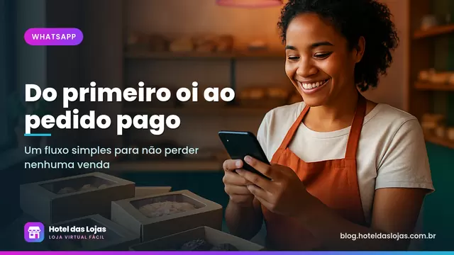 Dona de uma confeitaria atende clientes pelo celular no balcão, com caixas de doces prontas para entrega