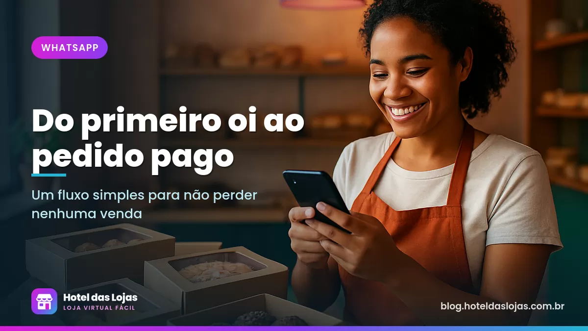 Dona de uma confeitaria atende clientes pelo celular no balcão, com caixas de doces prontas para entrega
