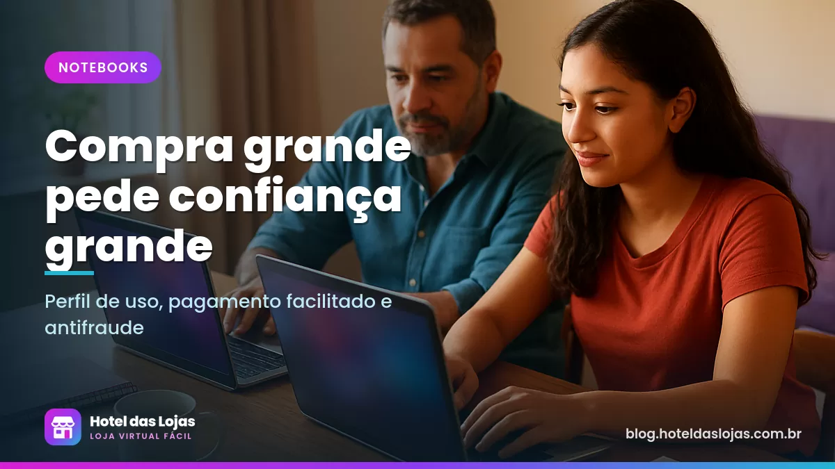 Estudante e pai comparam dois notebooks abertos sobre a mesa da sala em fim de tarde