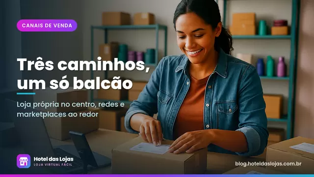 Empreendedor embala vários pedidos em mesa de expedição com caixas kraft, notebook e celular ao lado