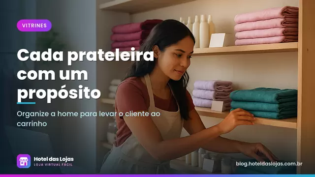 Lojista organiza produtos em prateleiras de madeira separando por grupos em uma loja clara